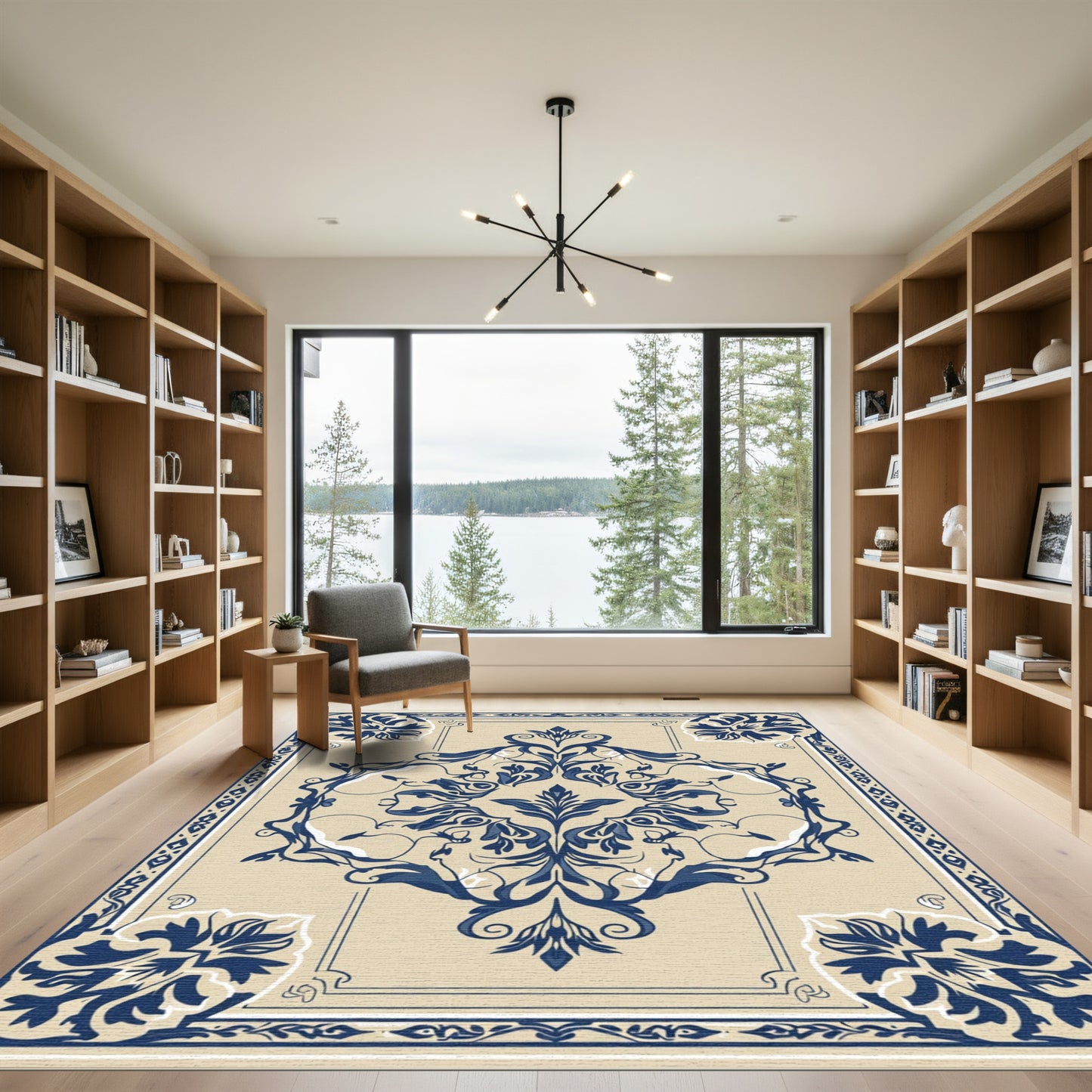 Ornate Ivory and Navy Floral Medallion Rug