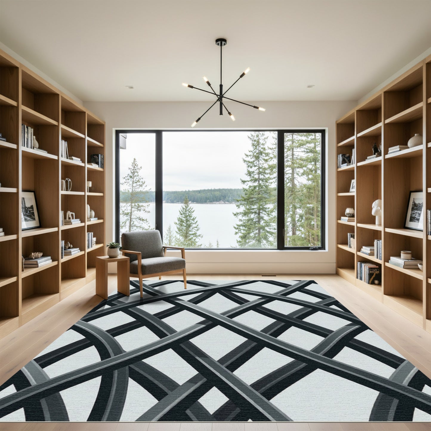 Minimalist Monochrome Intersecting Curved Geometric Lines Rug