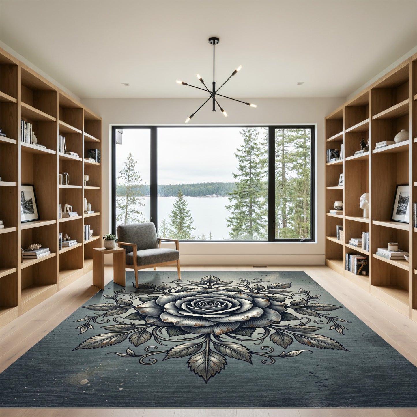 Monochrome Etched Rose Floral Medallion Rug