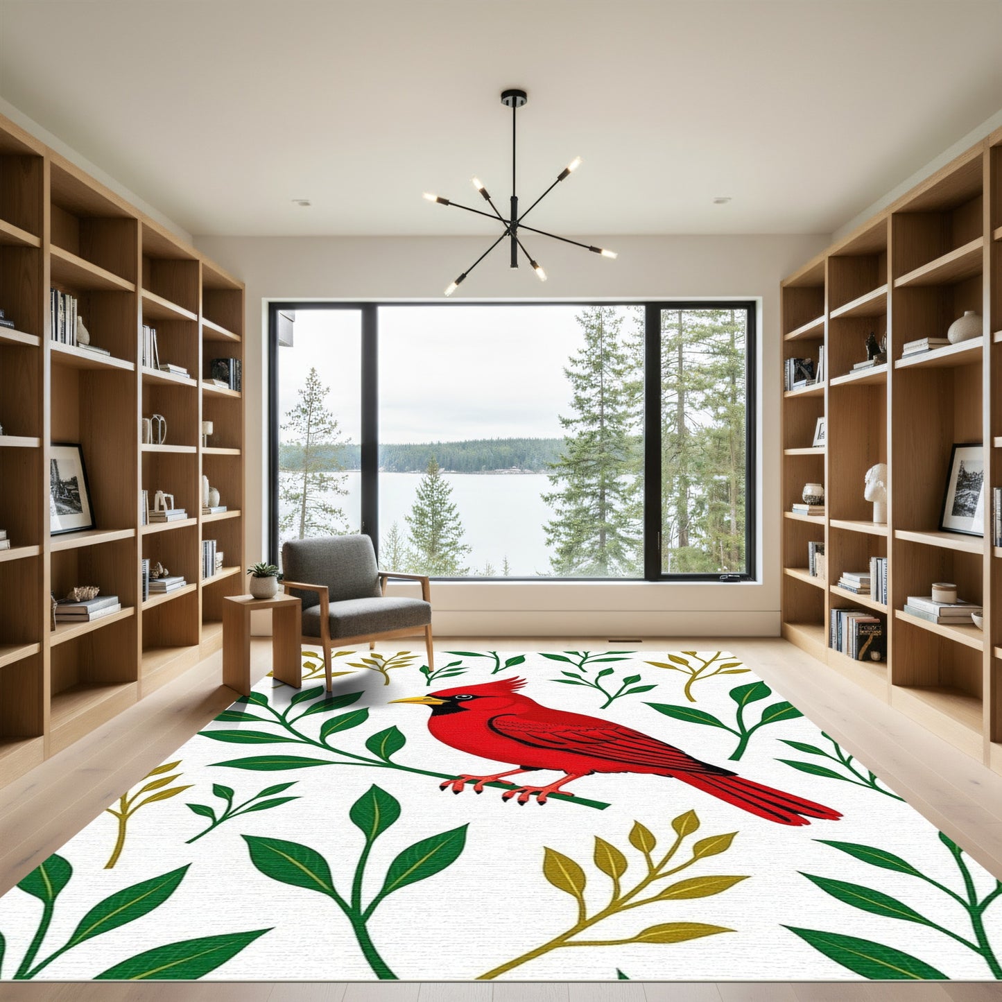 Vibrant Red Cardinal Green Foliage Rug