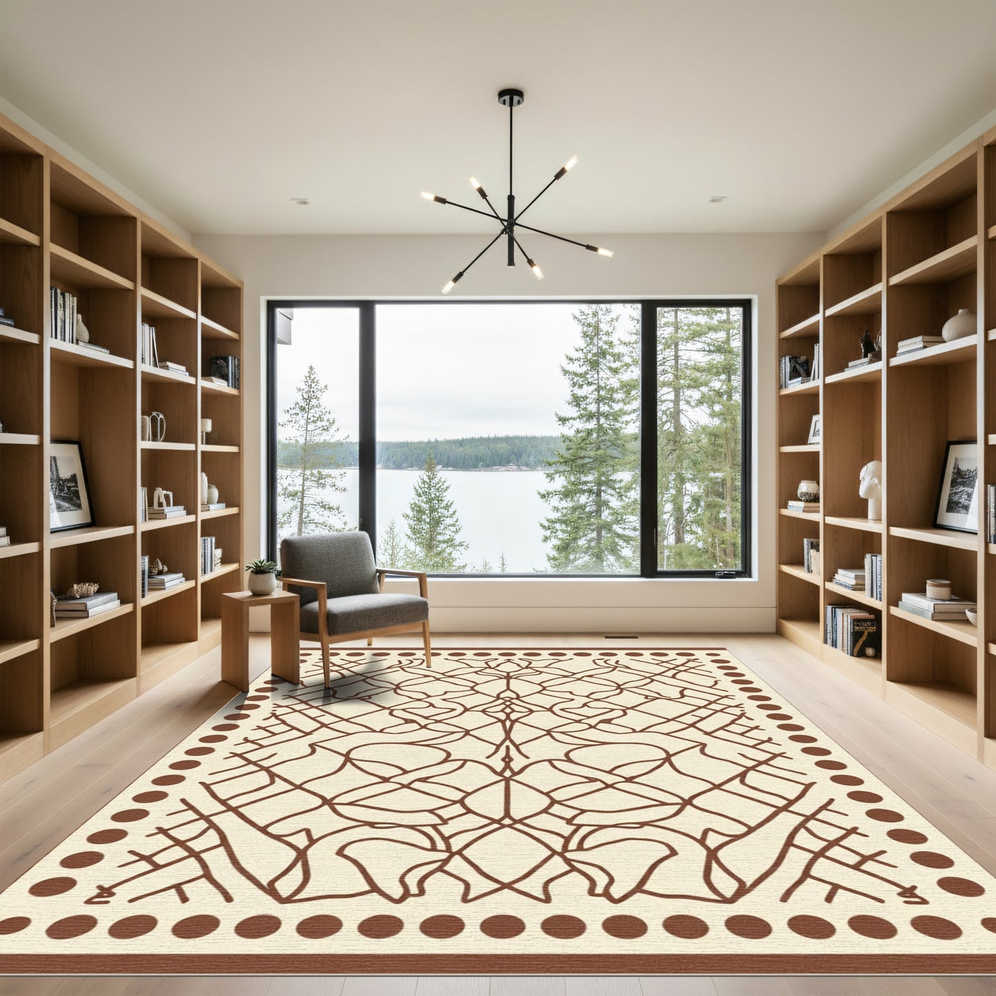 Brown Cream Lattice Vine Medallion Rug