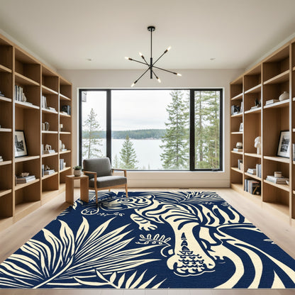 Navy Cream Tiger Jungle Foliage Rug