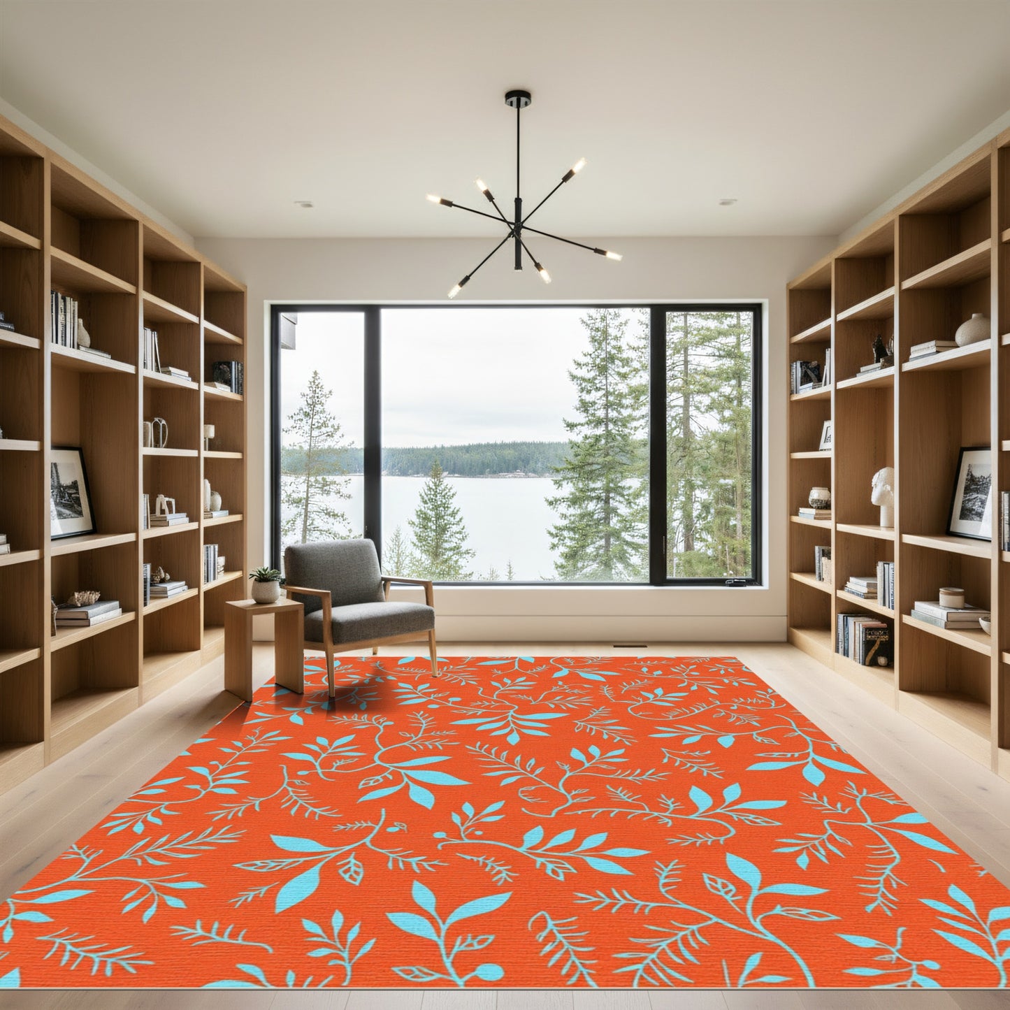 Orange Teal Botanical Branch Pattern Rug