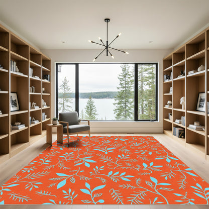 Orange Teal Botanical Branch Pattern Rug