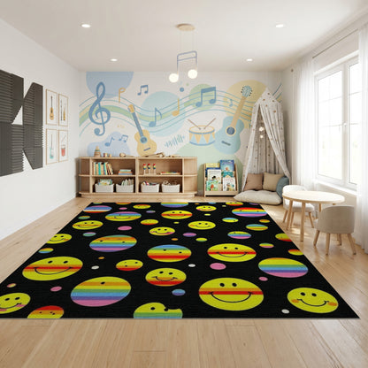 Whimsical Yellow Smiley Rainbow Circles Rug