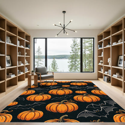 Spooky Pumpkin and Bat Halloween Illustration Rug