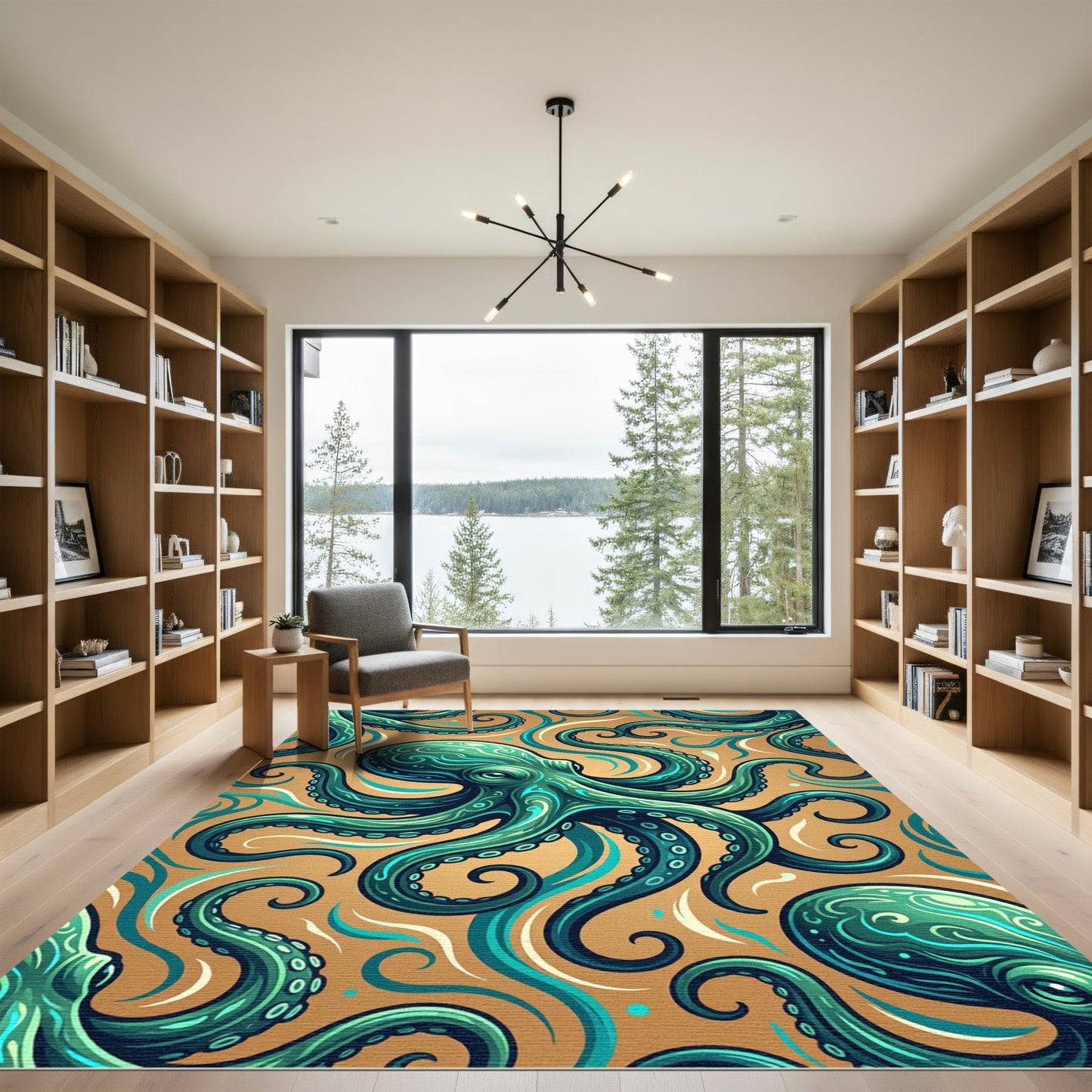Elegant Teal Octopus Swirl Art Rug