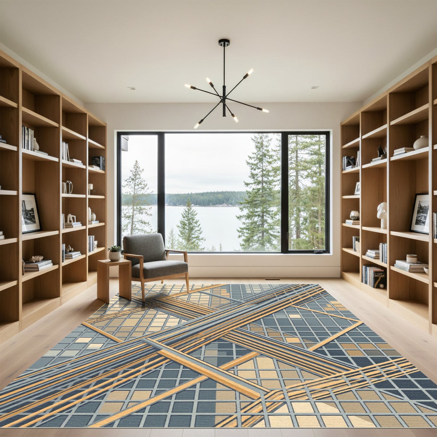 Modern Architectural Geometric Gold Slate Grid Rug