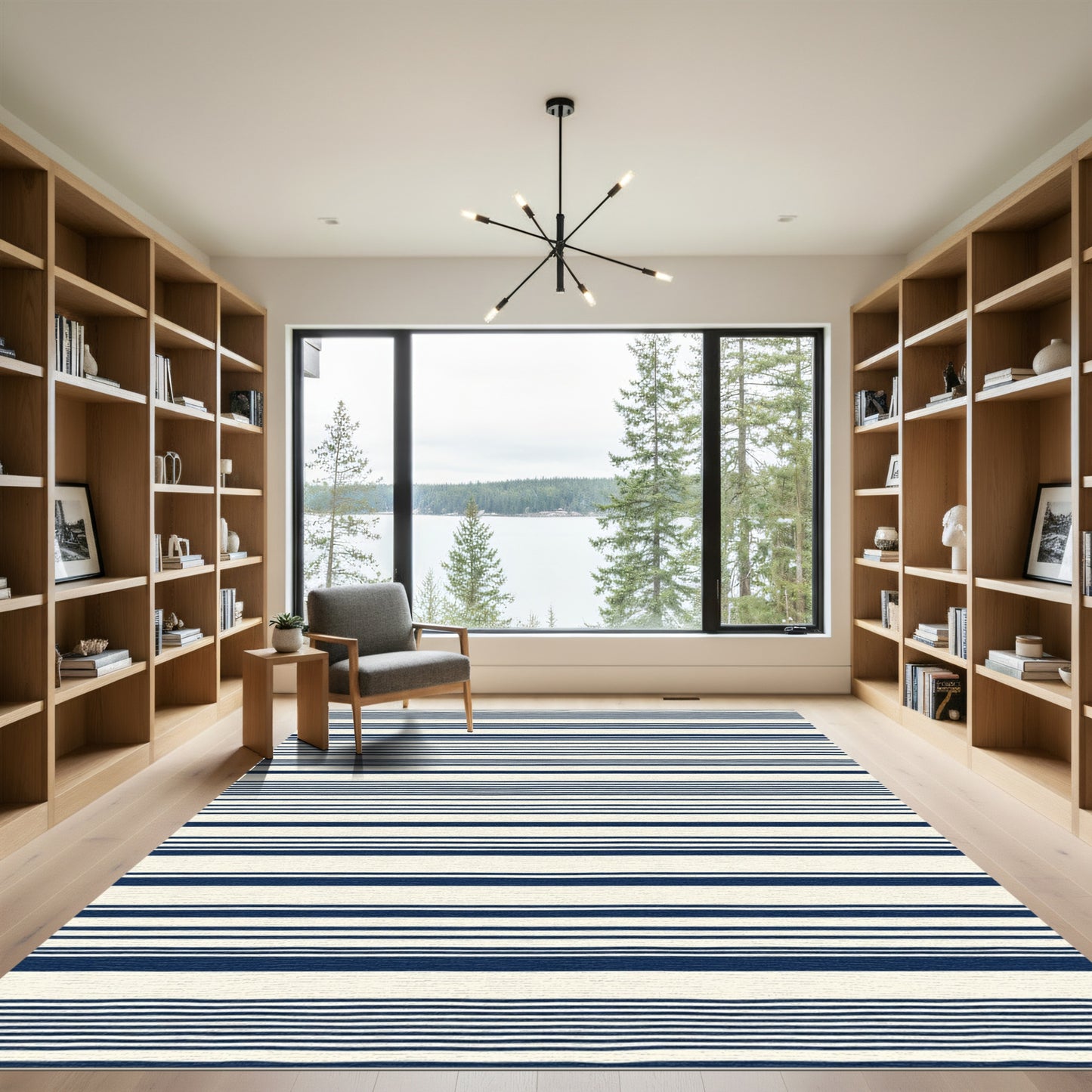 Navy Blue Cream Striped Background Rug