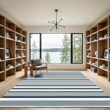Navy Blue Cream Striped Background Rug