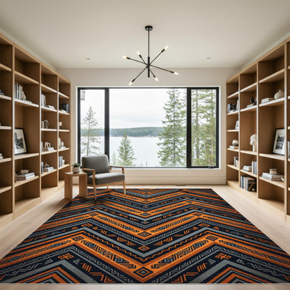 Bold Tribal Orange and Charcoal Chevron Rug