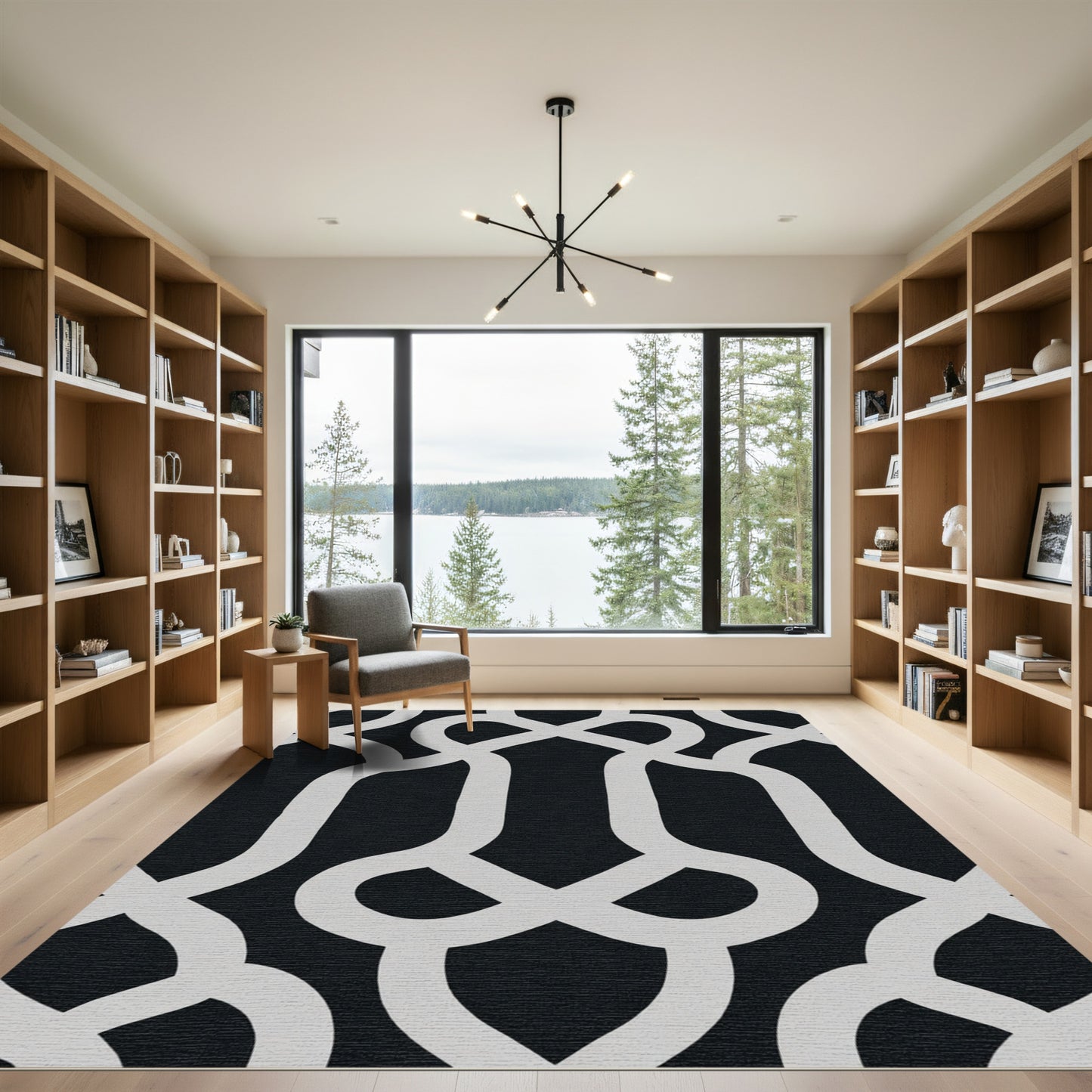 Modern Black White Interlocking Geometric Rug