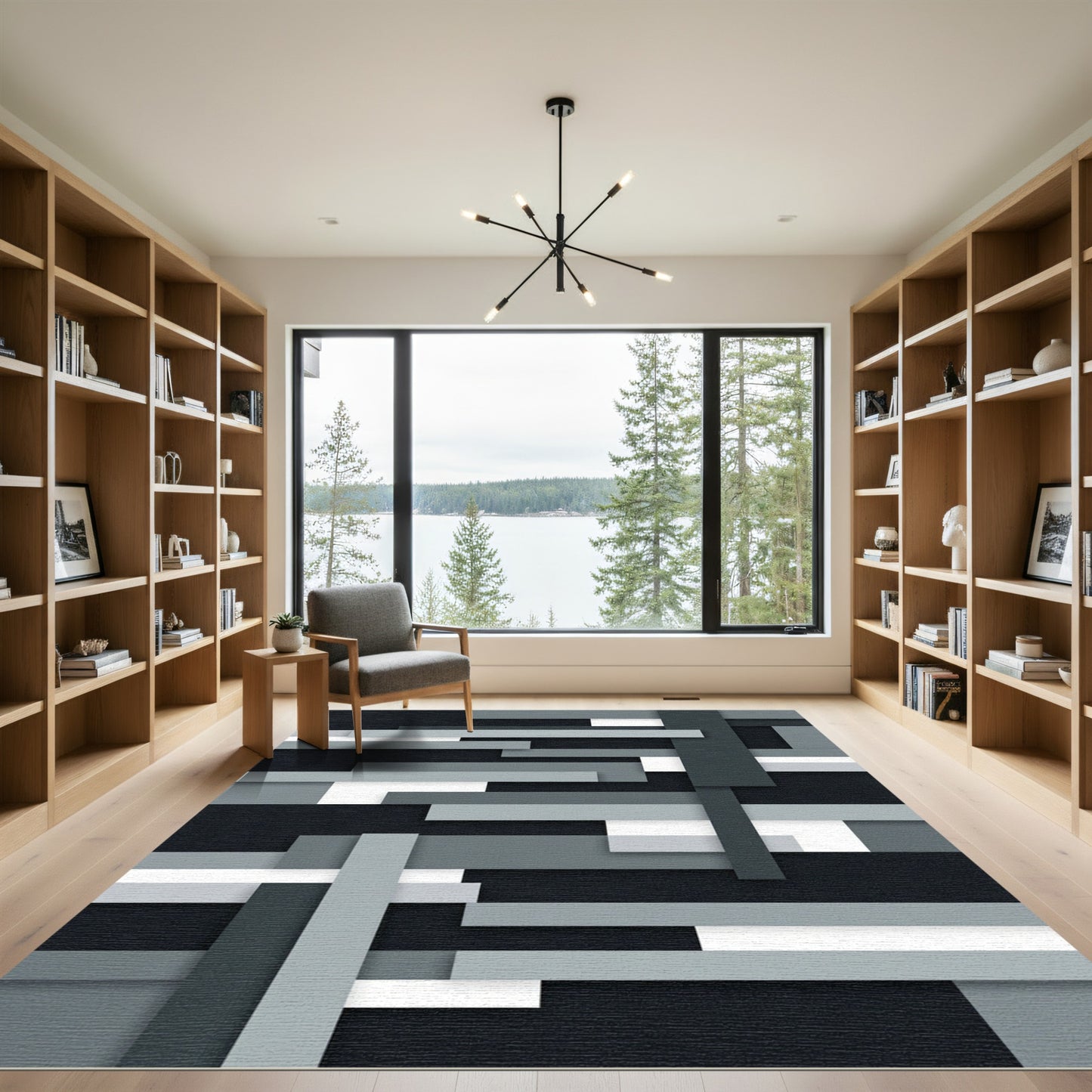 Modern Monochrome Layered Geometric Block Rug