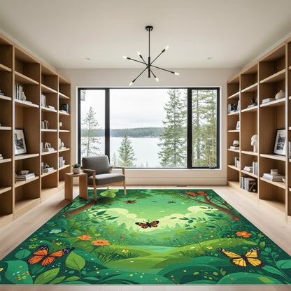Vibrant Orange Butterfly Forest Scene Rug
