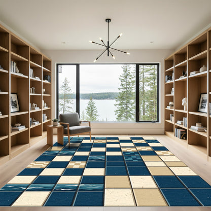 Modern Navy Cream Geometric Water Grid Rug