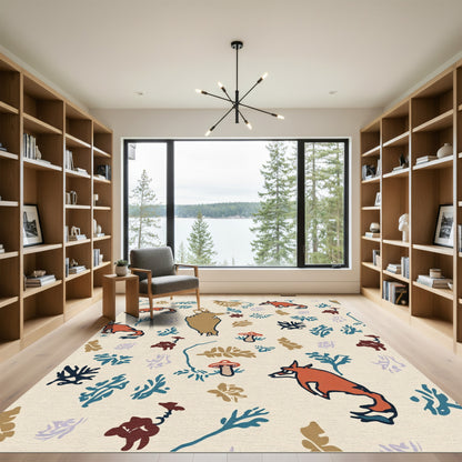 Forest Foxes Mushroom Foliage Scenic Rug