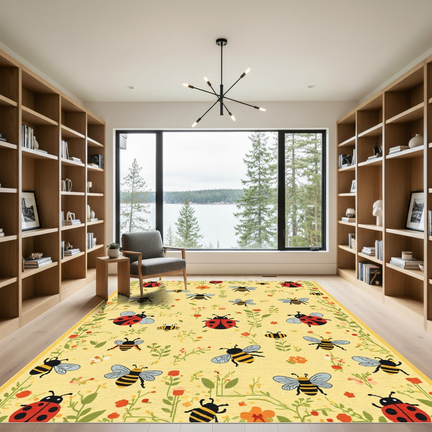 Whimsical Ladybug Bee Floral Meadow Golden Rug