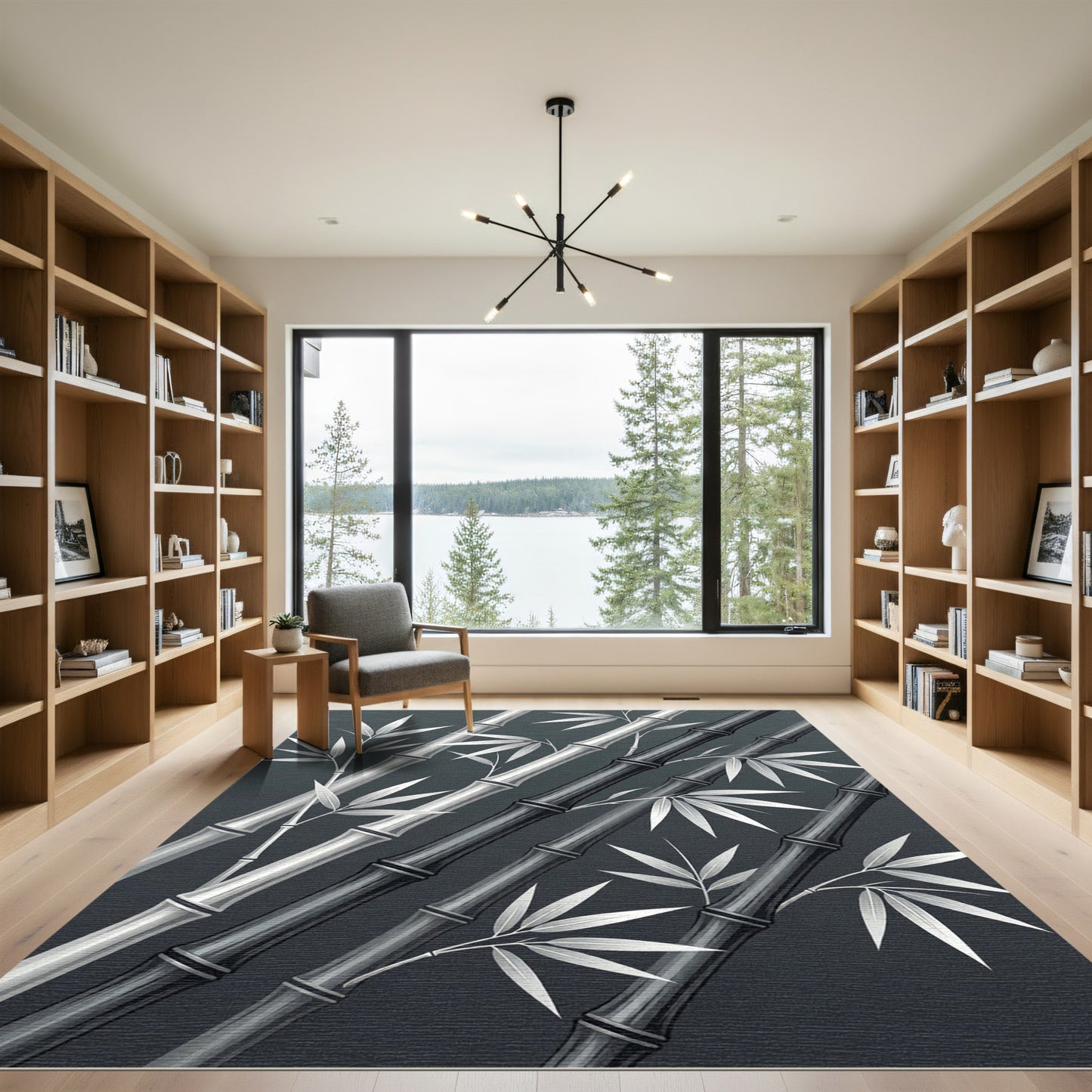 Monochromatic Bamboo Stalks With Leaves Rug