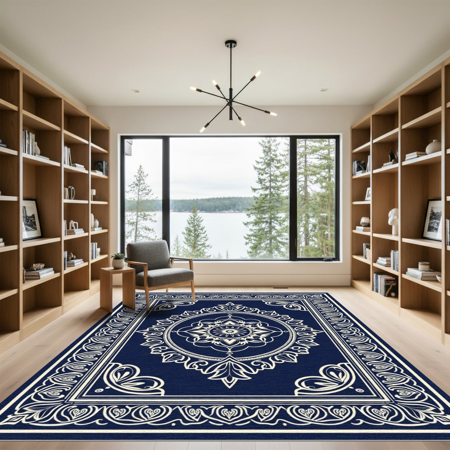 Deep Blue Cream Oval Medallion Rug