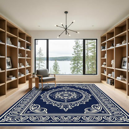 Deep Blue Cream Oval Medallion Rug