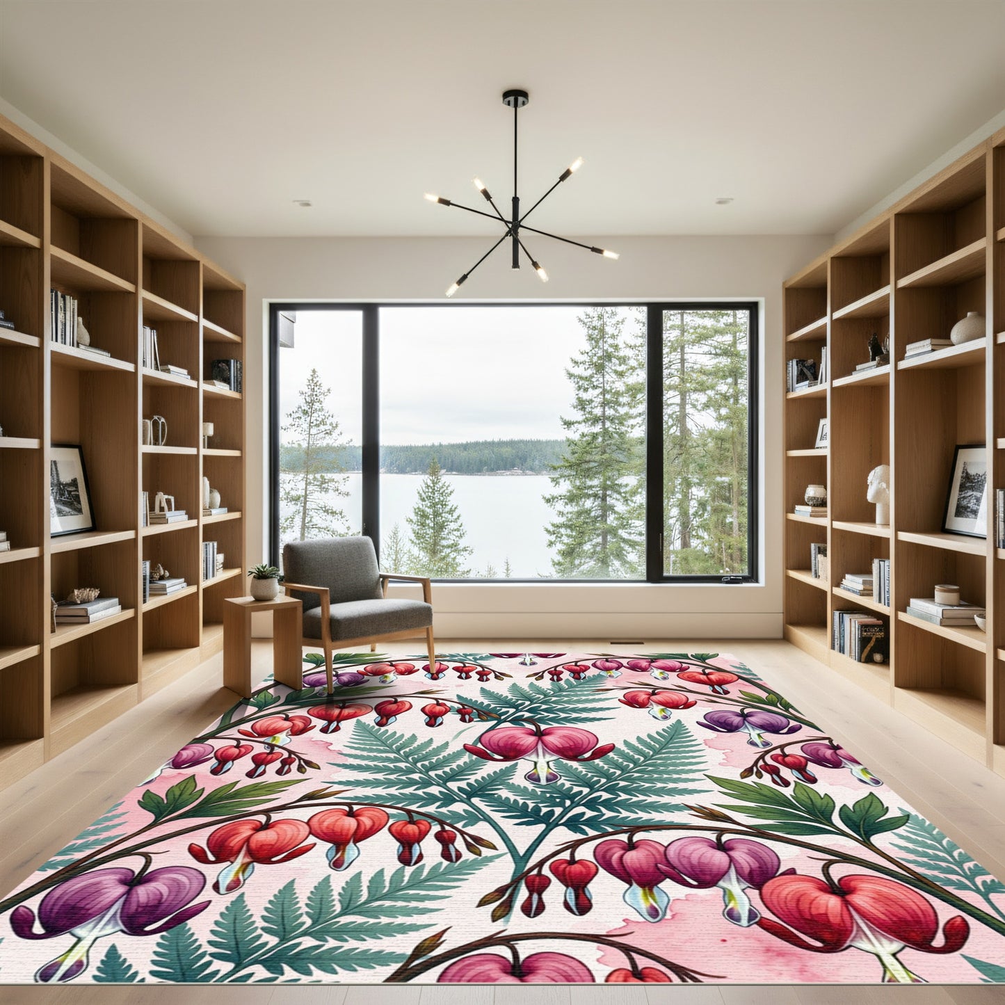 Crimson Pink Heart Flower Fern Rug