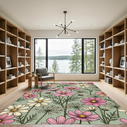 Soft Dusty Green Cosmos Flower Bouquet Rug