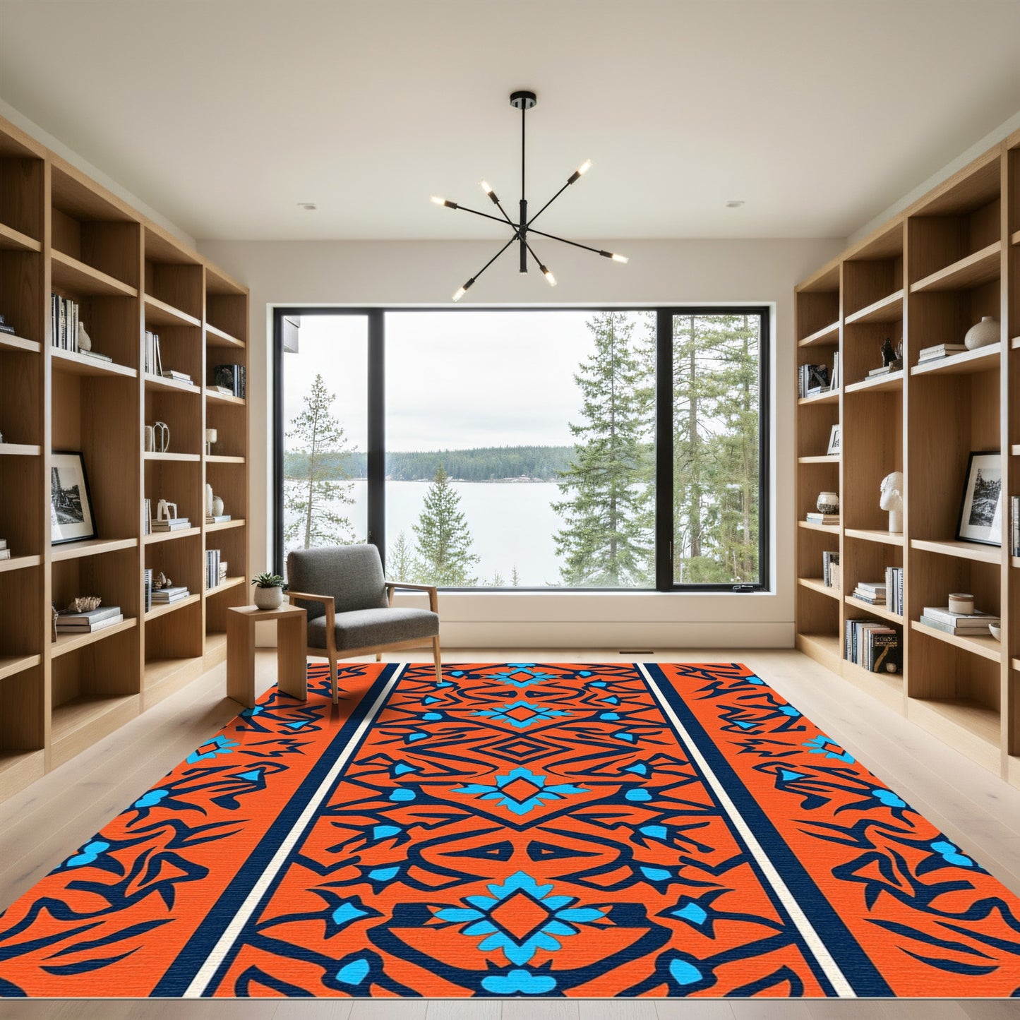 Orange Blue Abstract Floral Border Rug