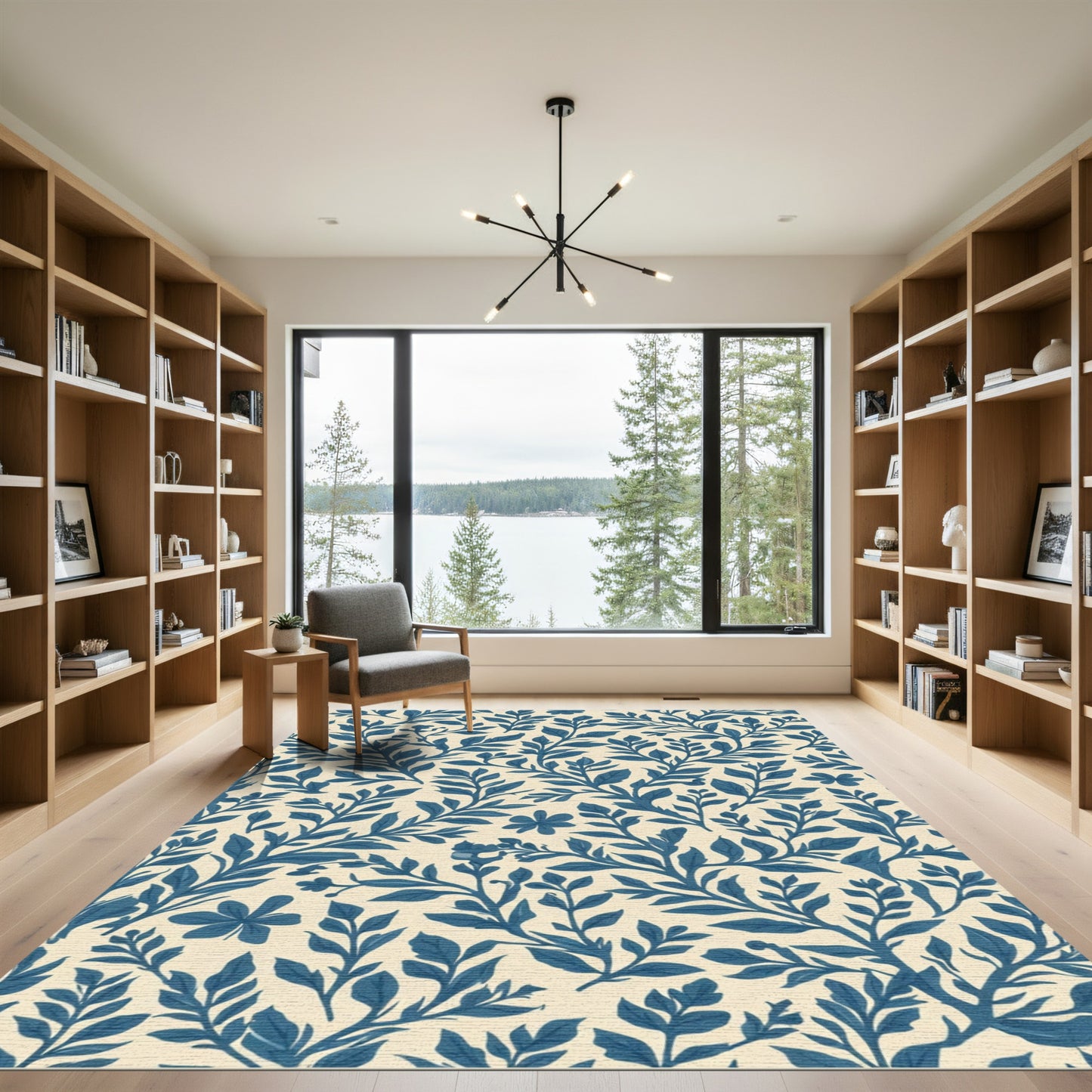 Navy Blue Floral Botanical Tapestry Rug