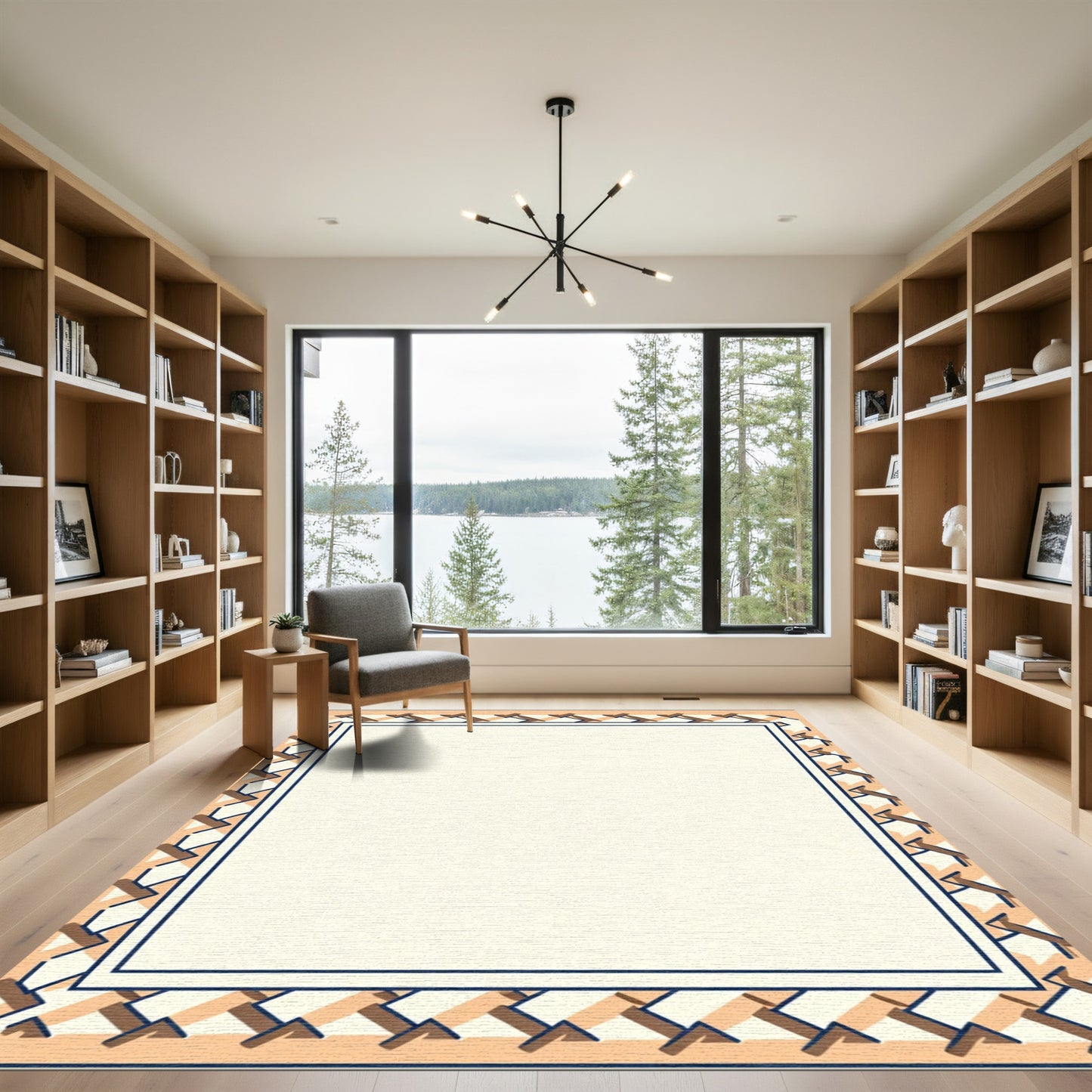 Geometric Tan And Navy Border Rug