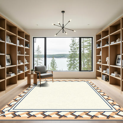 Geometric Tan And Navy Border Rug