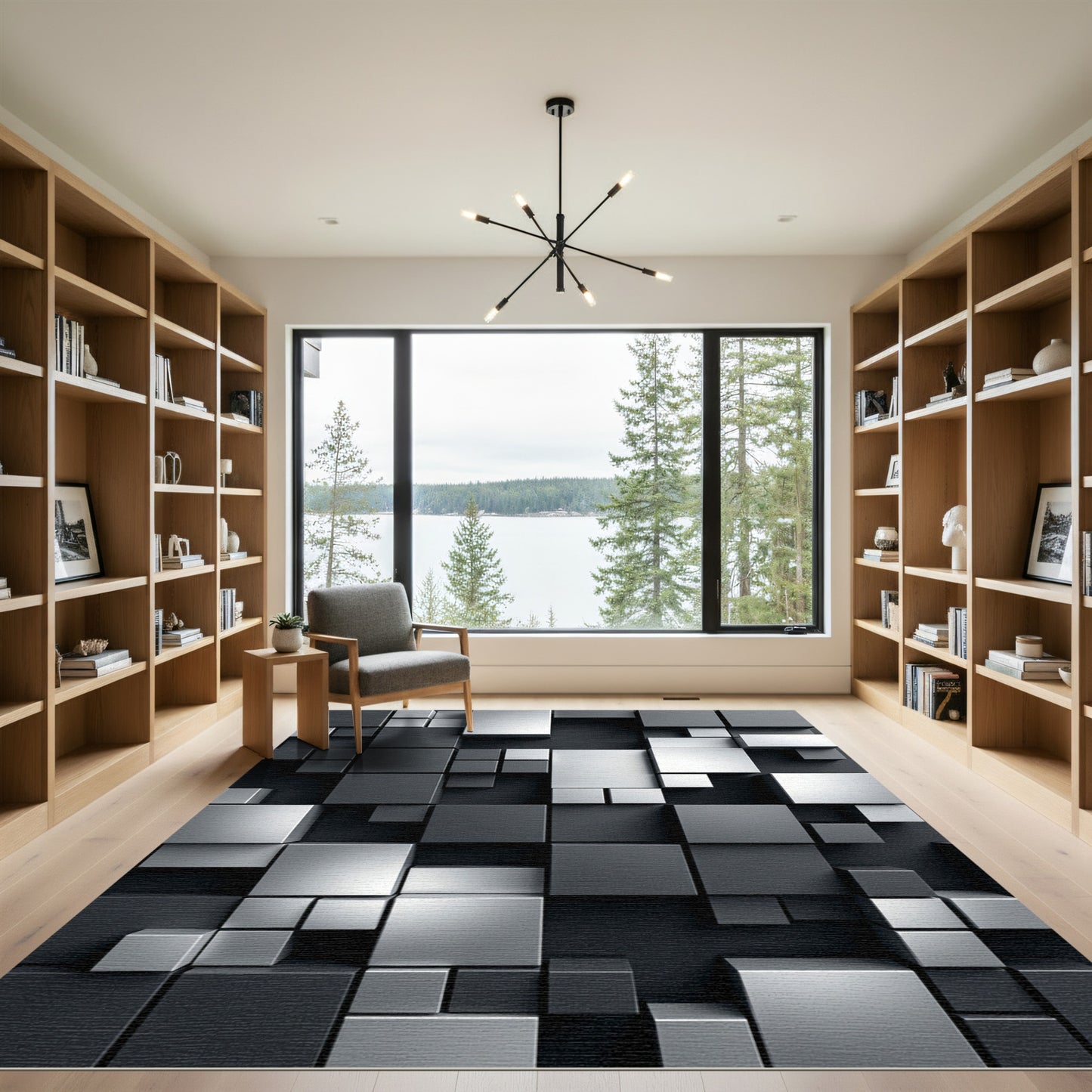 Monochrome Geometric Block 3D Abstract Rug