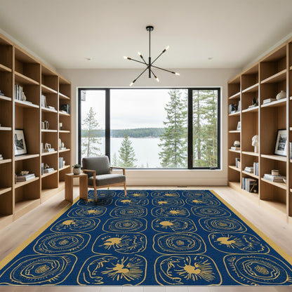 Navy Gold Floral Medallion Grid Rug
