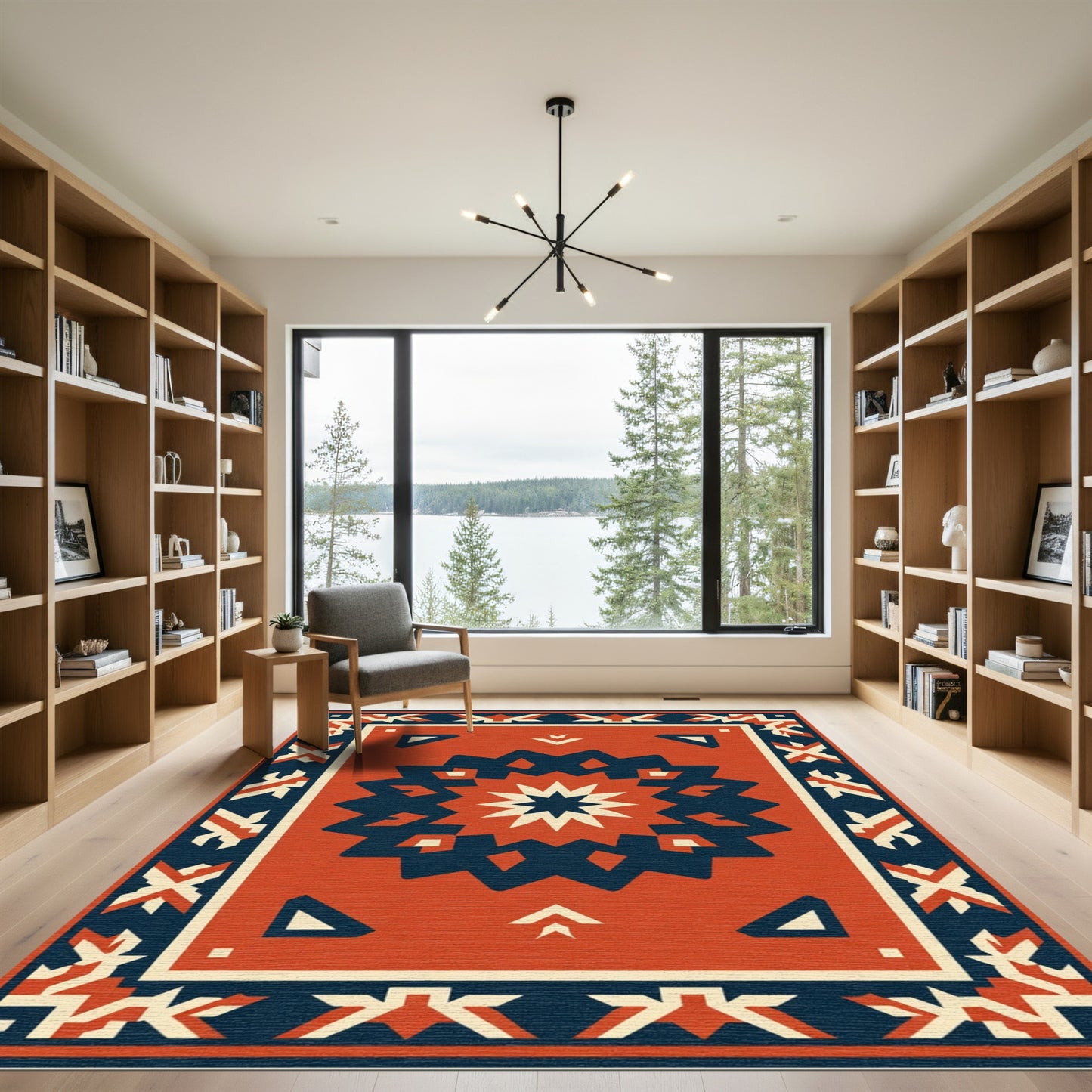 Red Navy Starburst Geometric Borders Rug