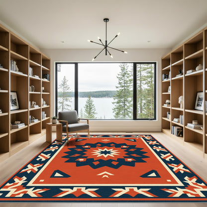 Red Navy Starburst Geometric Borders Rug