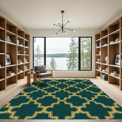 Deep Teal Gold Arabesque Lattice Rug