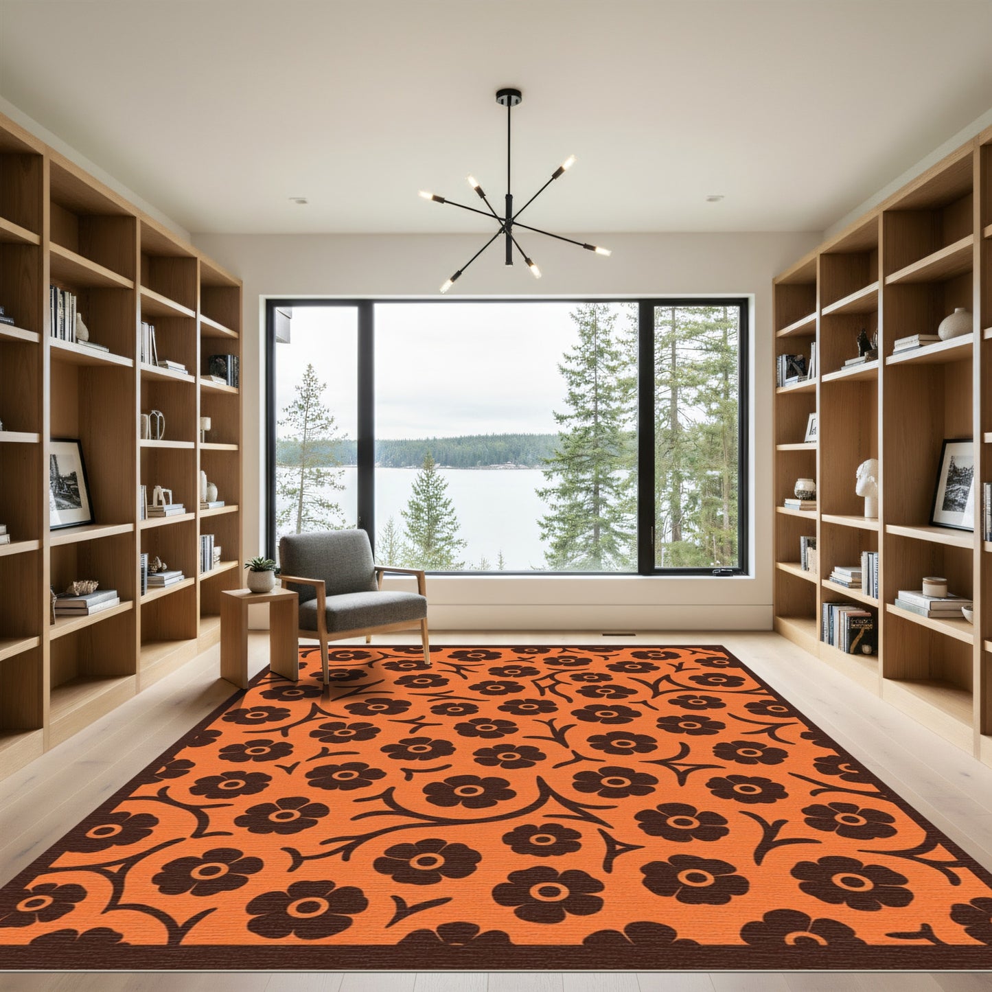 Whimsical Brown Floral on Orange Background Rug