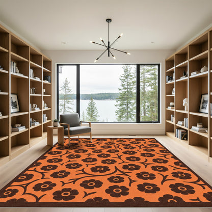 Whimsical Brown Floral on Orange Background Rug