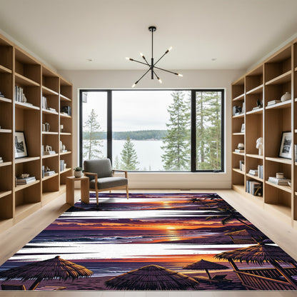 Sunset Tropical Beach Palm Trees Huts Rug