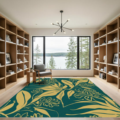 Gold Tropical Foliage on Teal Rug