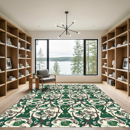 Emerald green forest deity intricate pattern Rug