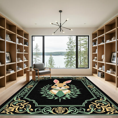 Elegant Rabbit Golden Scroll Border Rug