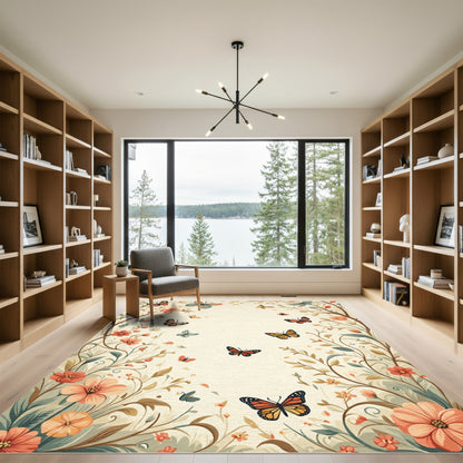 Whimsical Floral Flying Butterflies Garden Rug