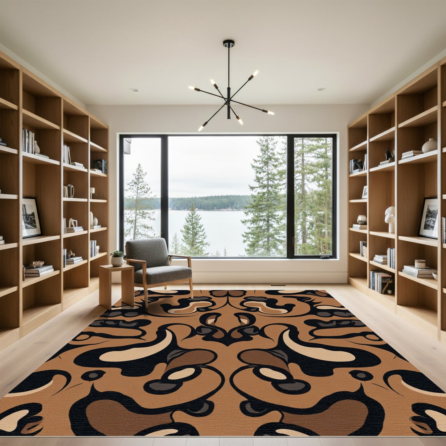 Symmetrical Tan Abstract Swirl Rug