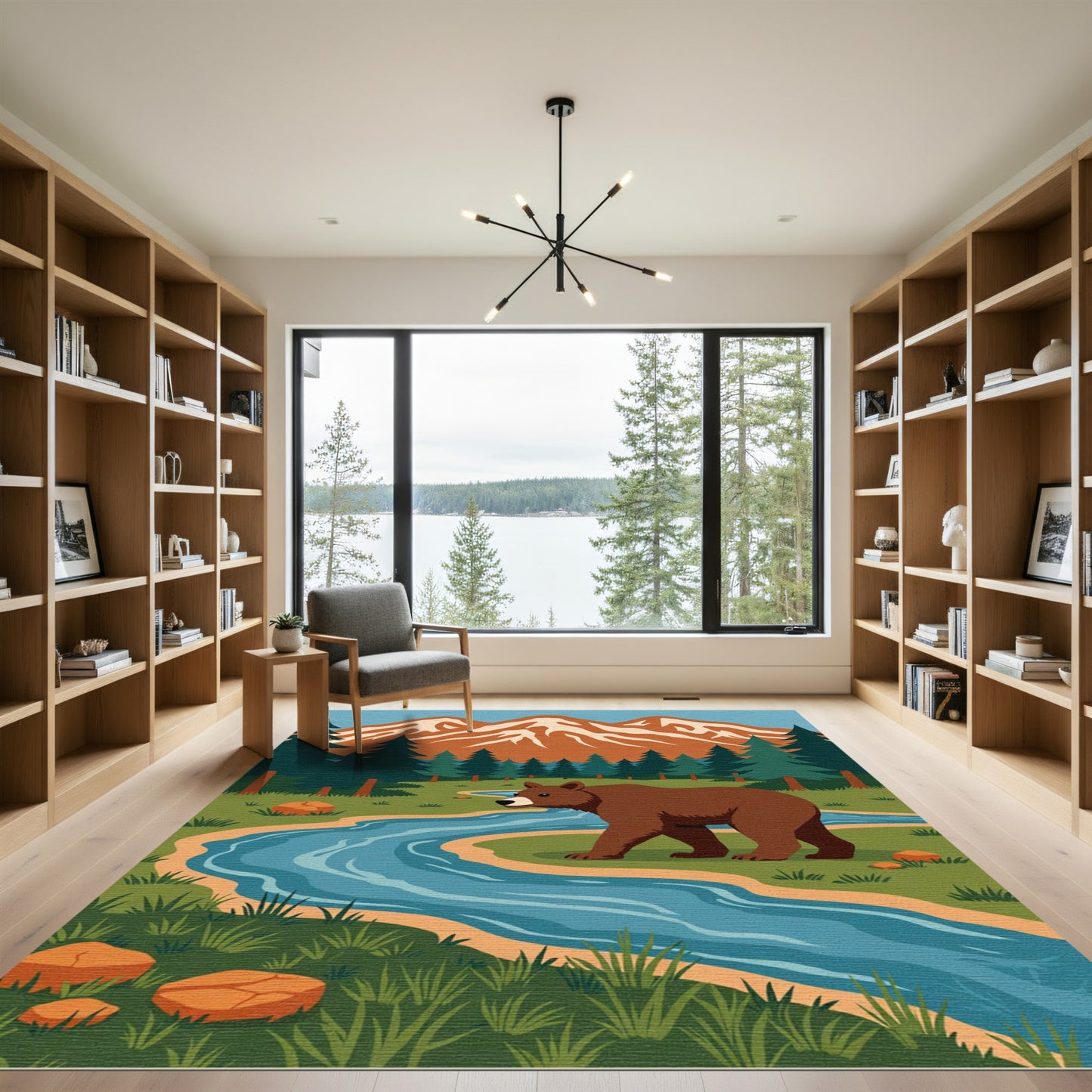 Rustic Brown Bear Winding River Mountains Rug