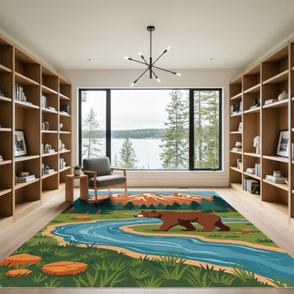 Rustic Brown Bear Winding River Mountains Rug