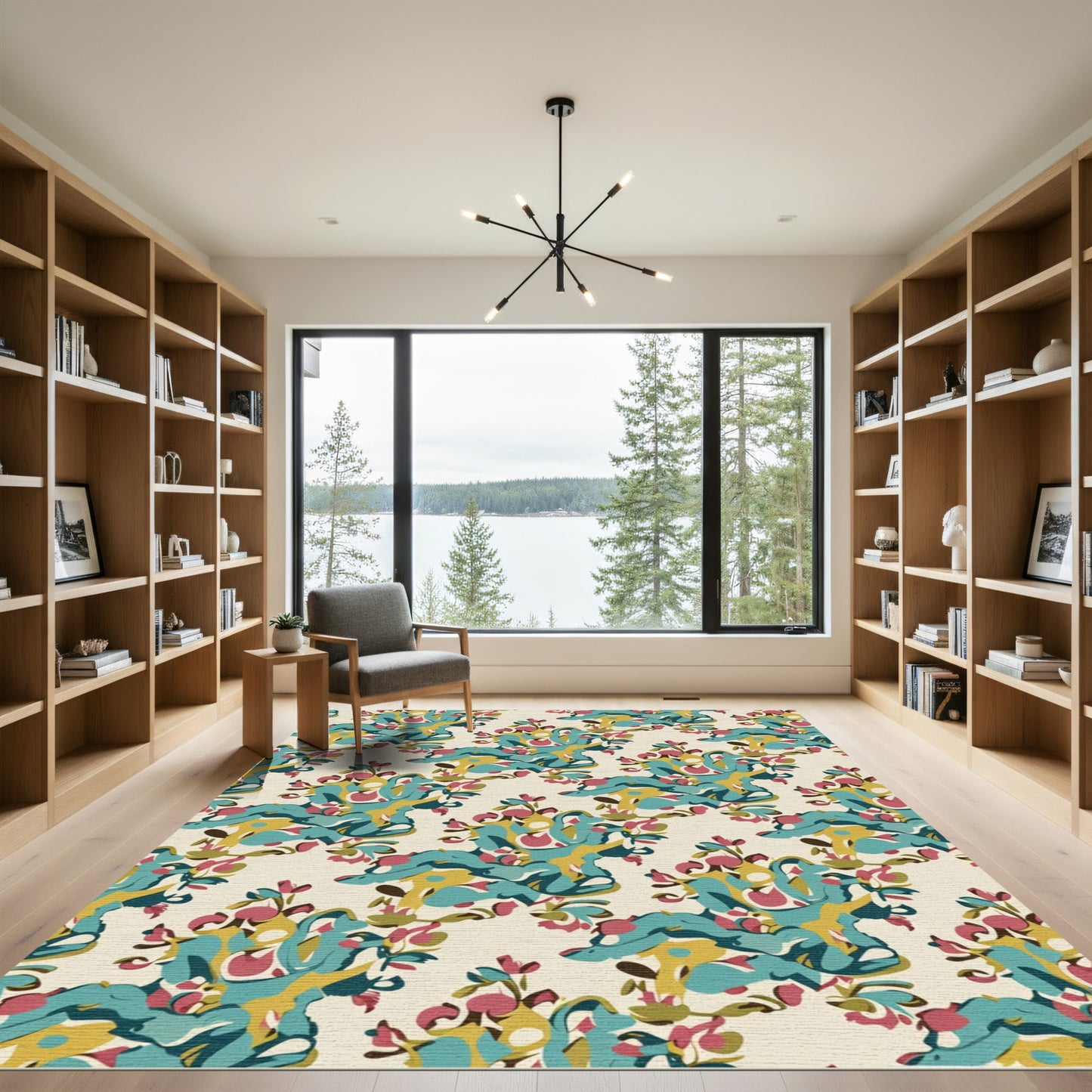 Abstract Teal Red Golden Floral Arrangement Rug