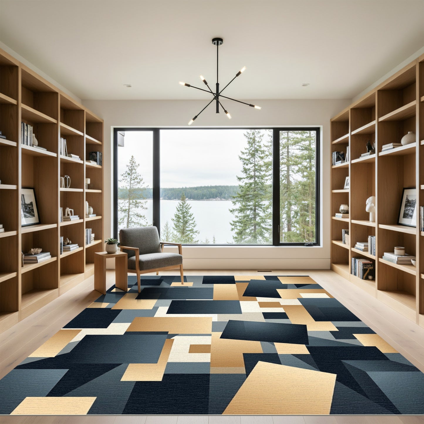 Modern Geometric Gold and Navy Blocks Rug