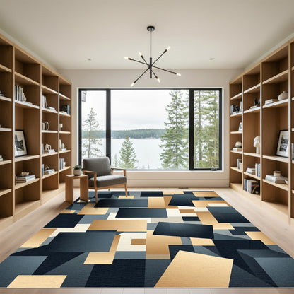 Modern Geometric Gold and Navy Blocks Rug