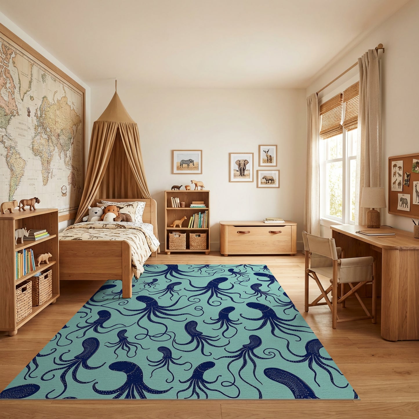 Teal Navy Octopus Tentacles Whimsical Rug