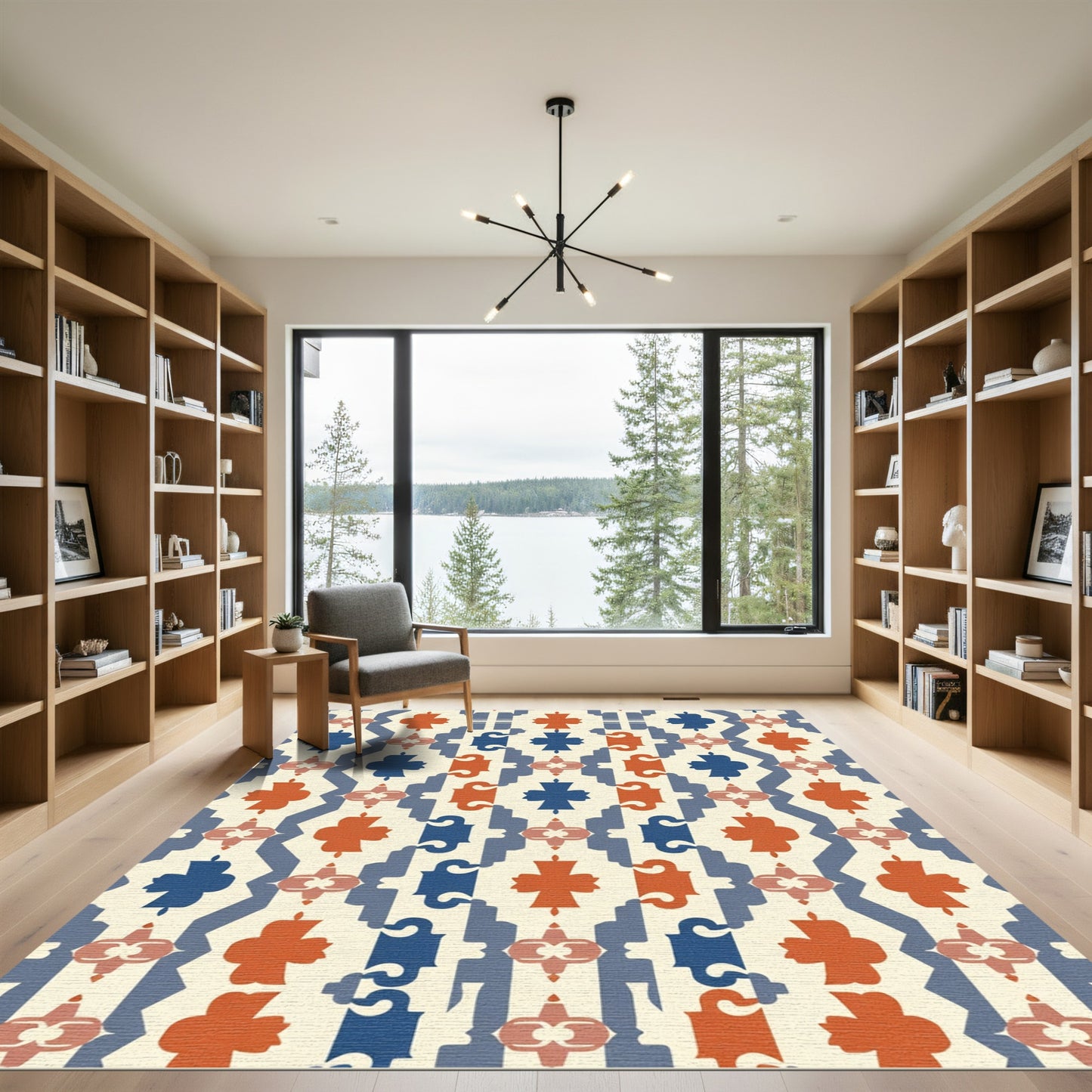 Cream Blue Orange Geometric Overlay Rug